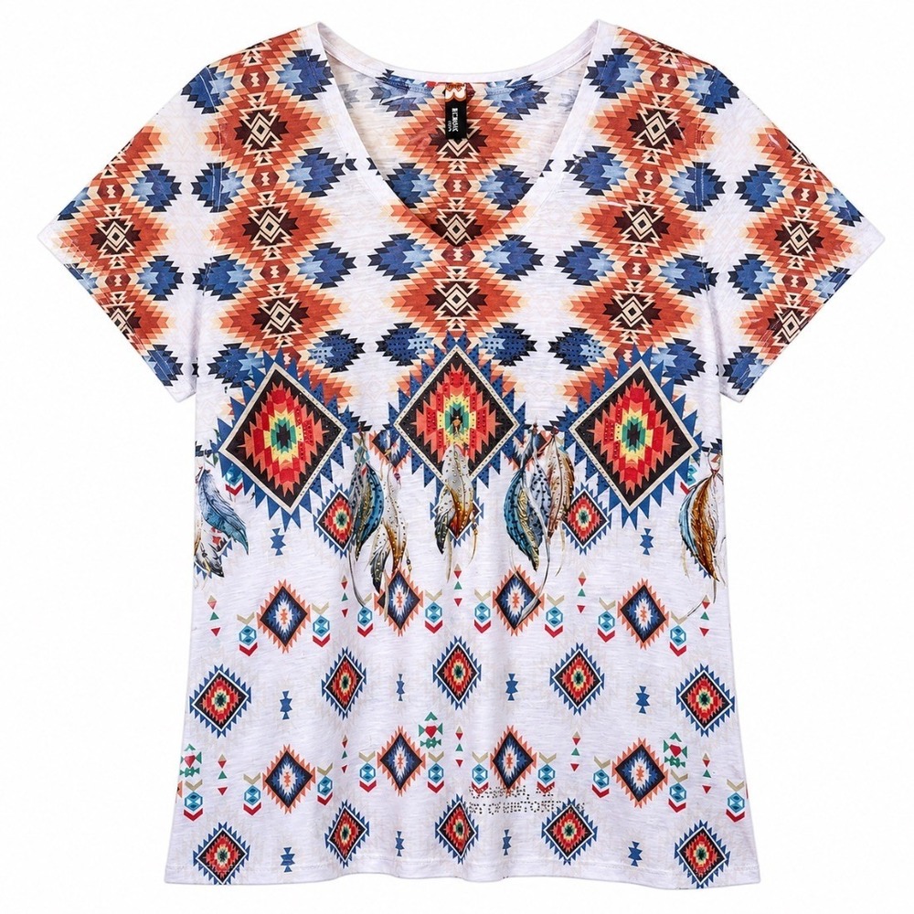 Big Bang USA Womens Aztec Print V Neck Tee Shirt Feather Rhinestone Top size L
